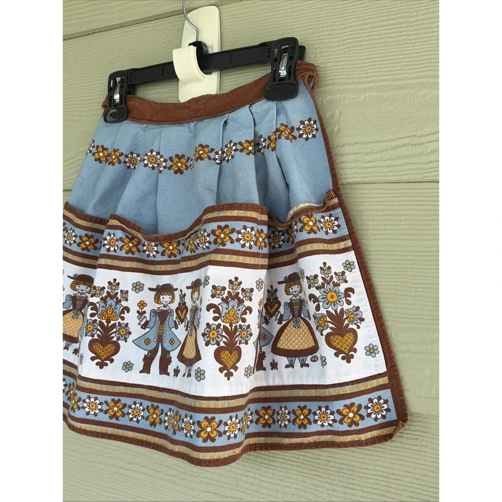 Made in Austria Bavarian Folk Art Blue/Brown Floral Half Apron Pockets Tie Waist